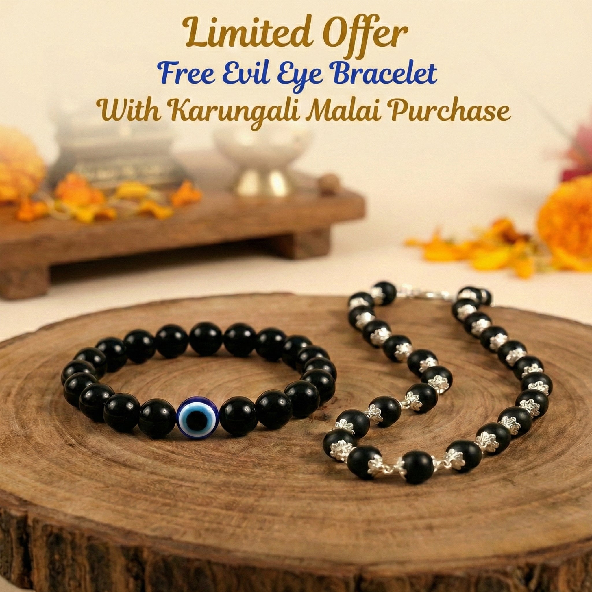 Silver Capped Karungali Malai + Free Evil Eye Protection Bracelet