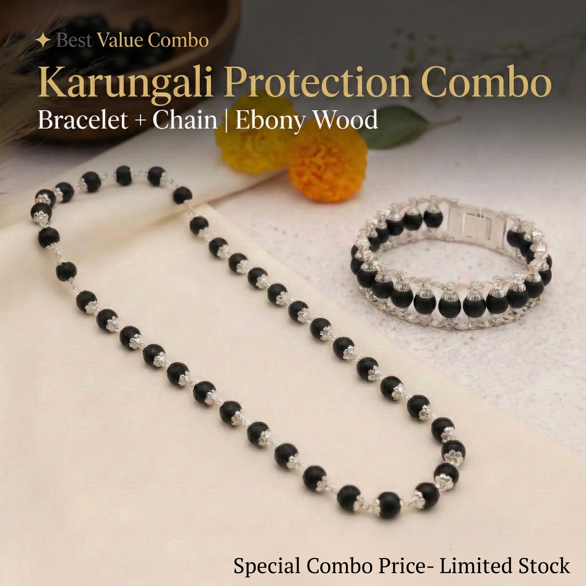 Silver capped Karungali Malai and Cycle Bracelet Combo