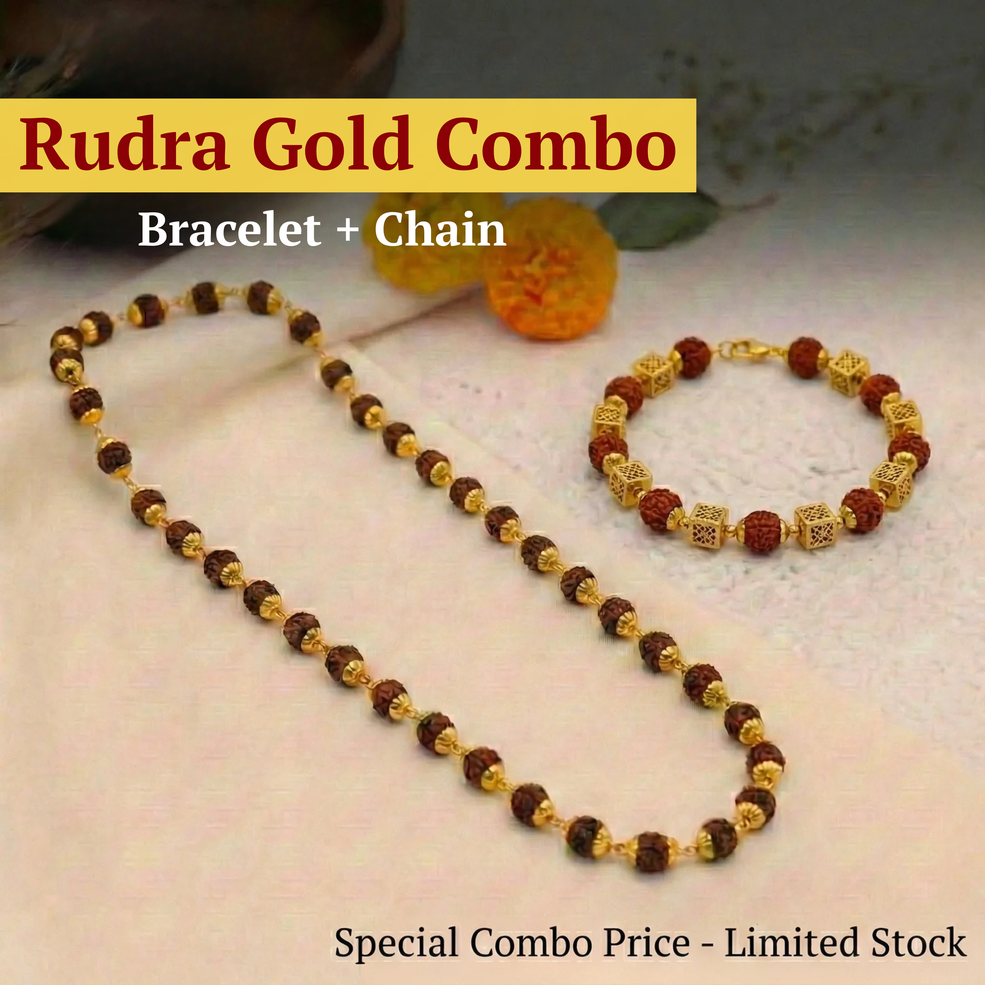 Rudra Gold Combo | Gold Plated Rudraksha Mala + Box Shape Rudraksha Gold Bracelet
