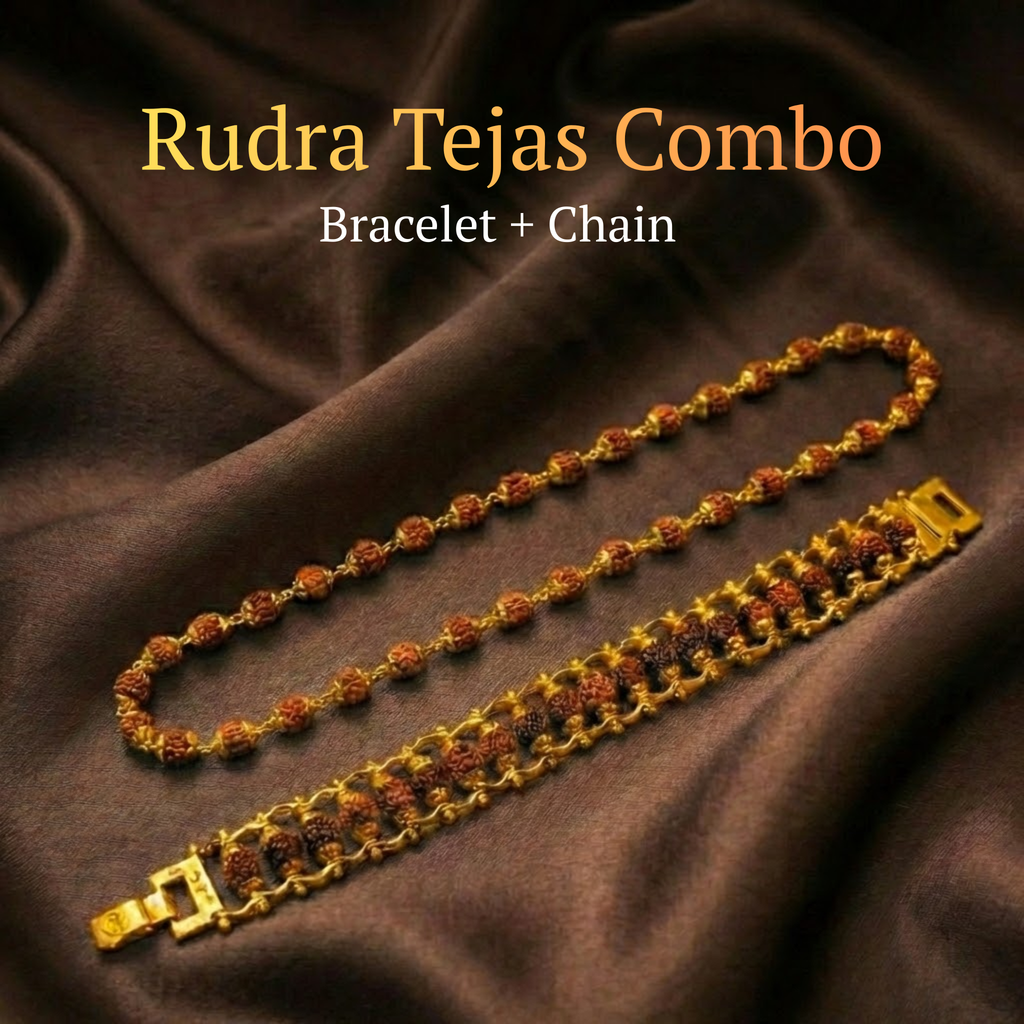 Rudra Tejas Combo | Gold Plated Rudraksha Mala and Cycle Rudraksha Bracelet