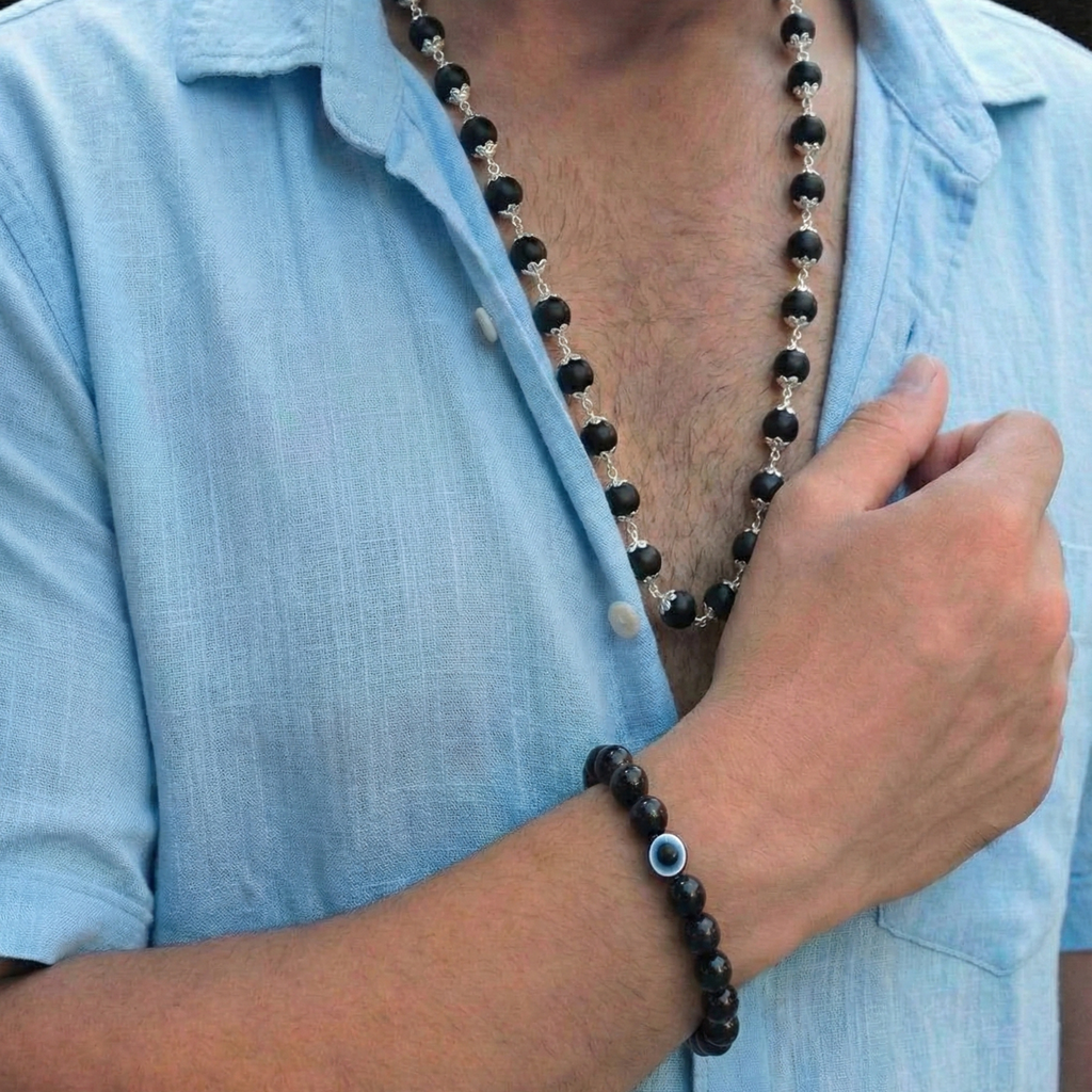 Silver Capped Karungali Malai + Free Evil Eye Protection Bracelet