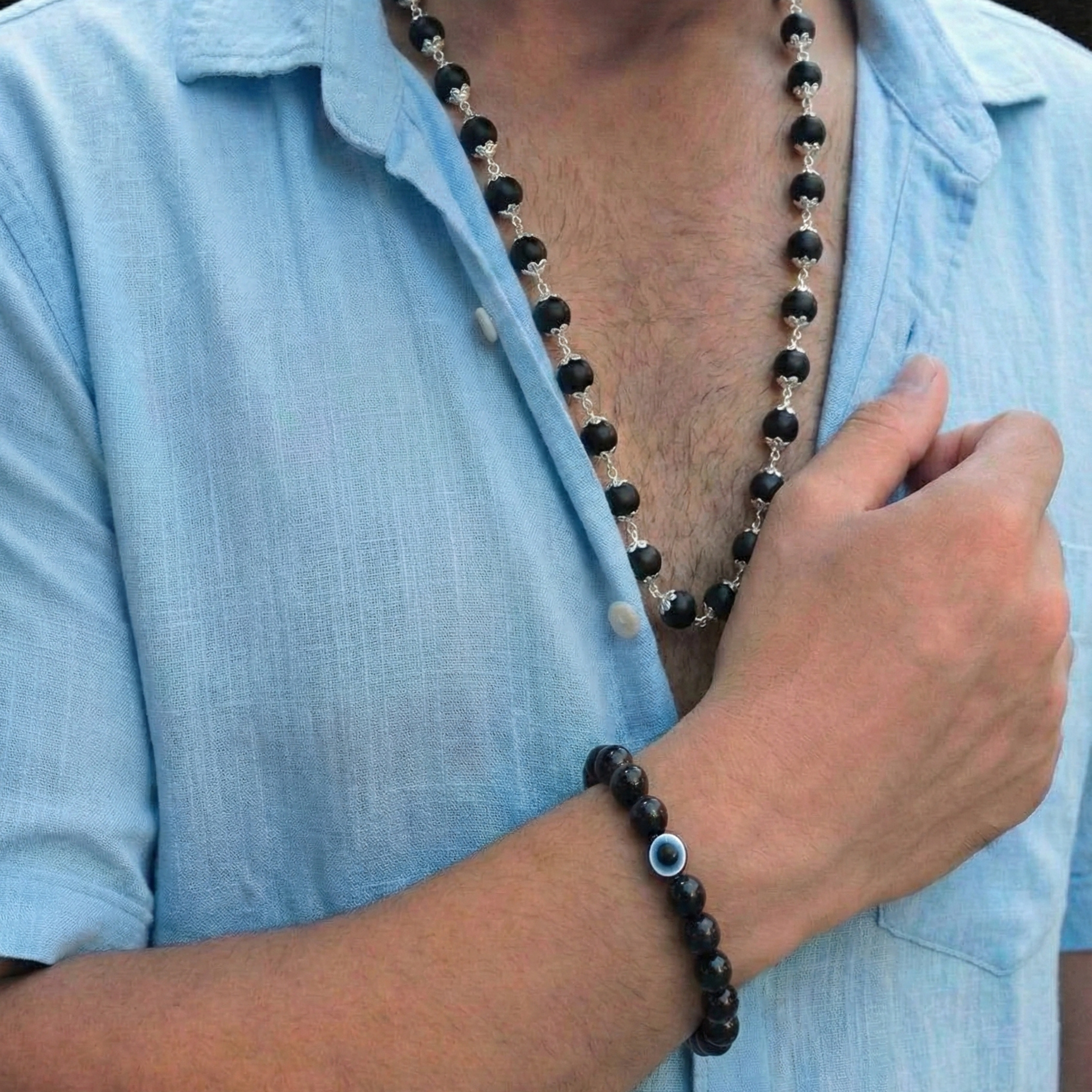 Silver Capped Karungali Malai + Free Evil Eye Protection Bracelet