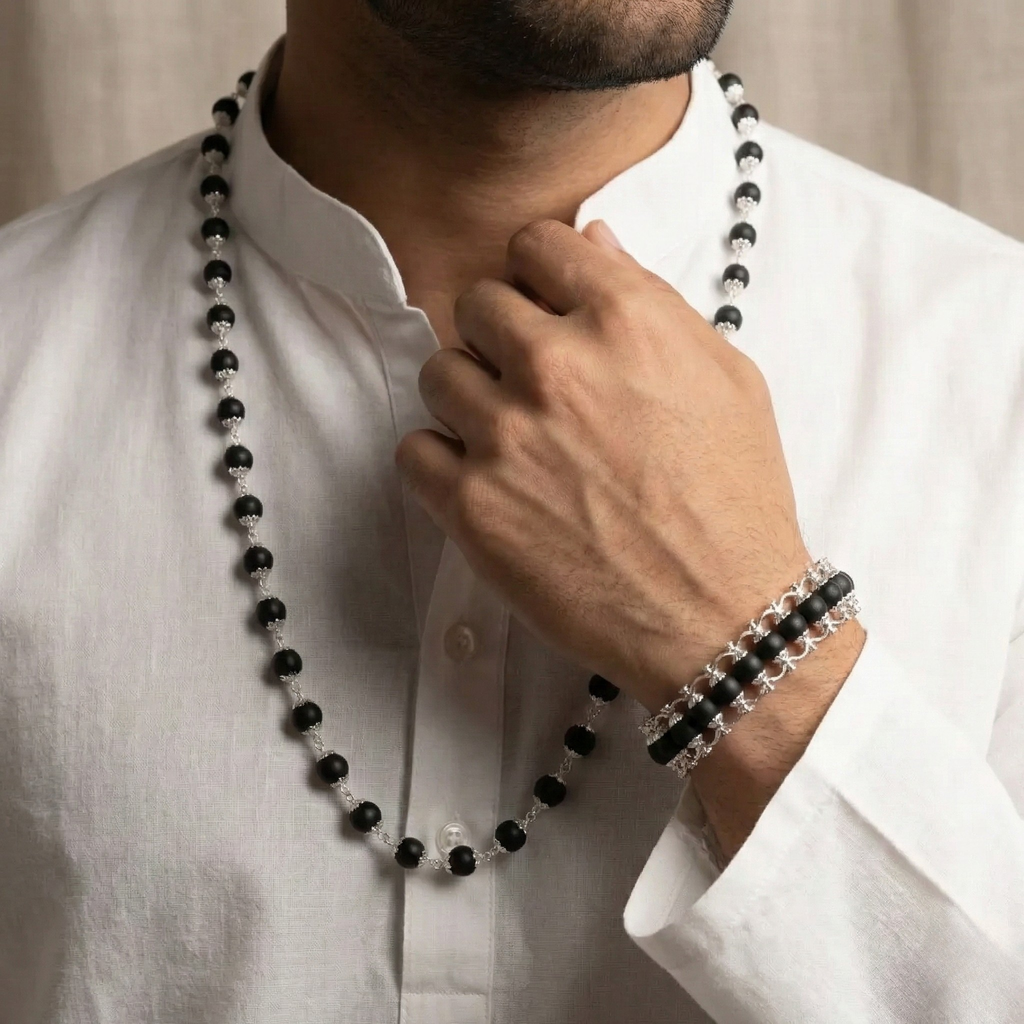 Silver capped Karungali Malai and Cycle Bracelet Combo
