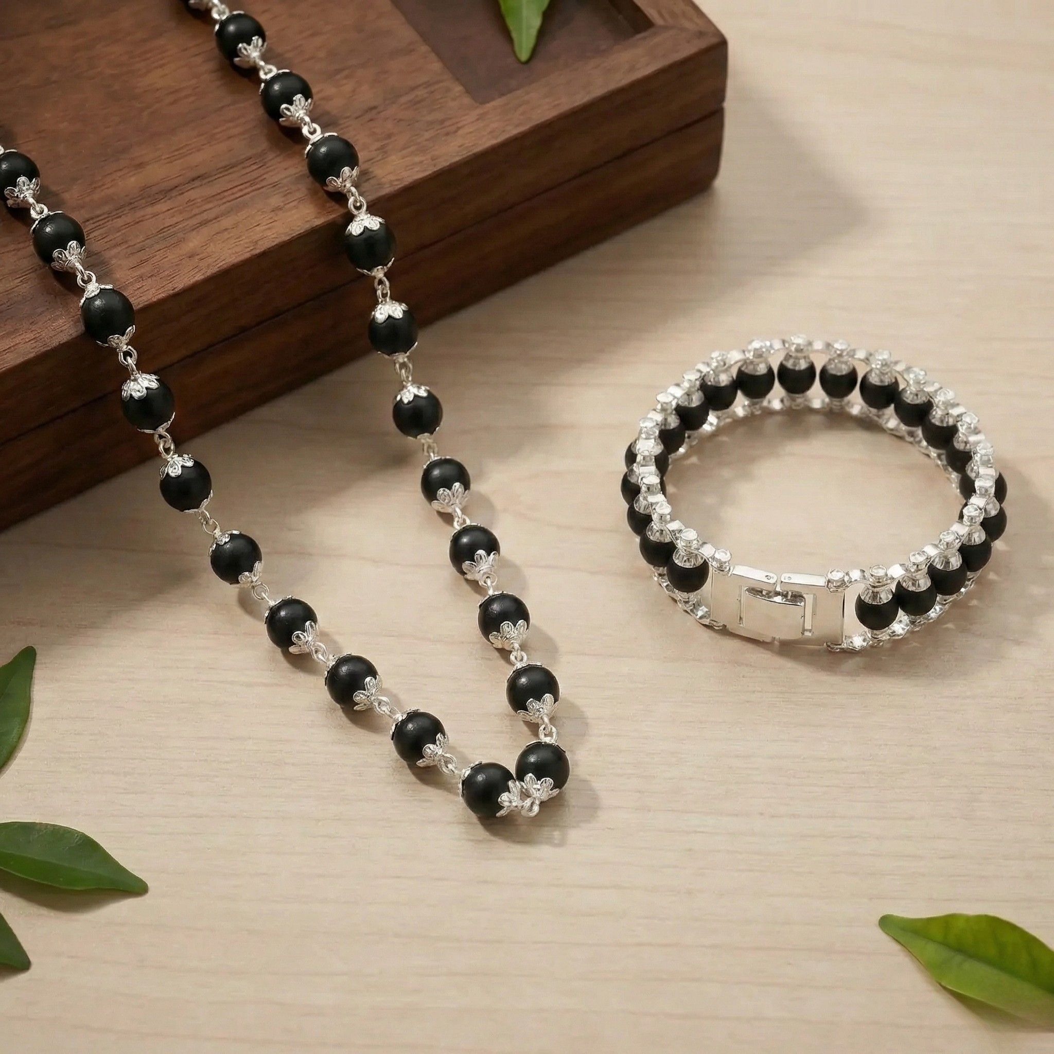 Silver capped Karungali Malai and Cycle Bracelet Combo